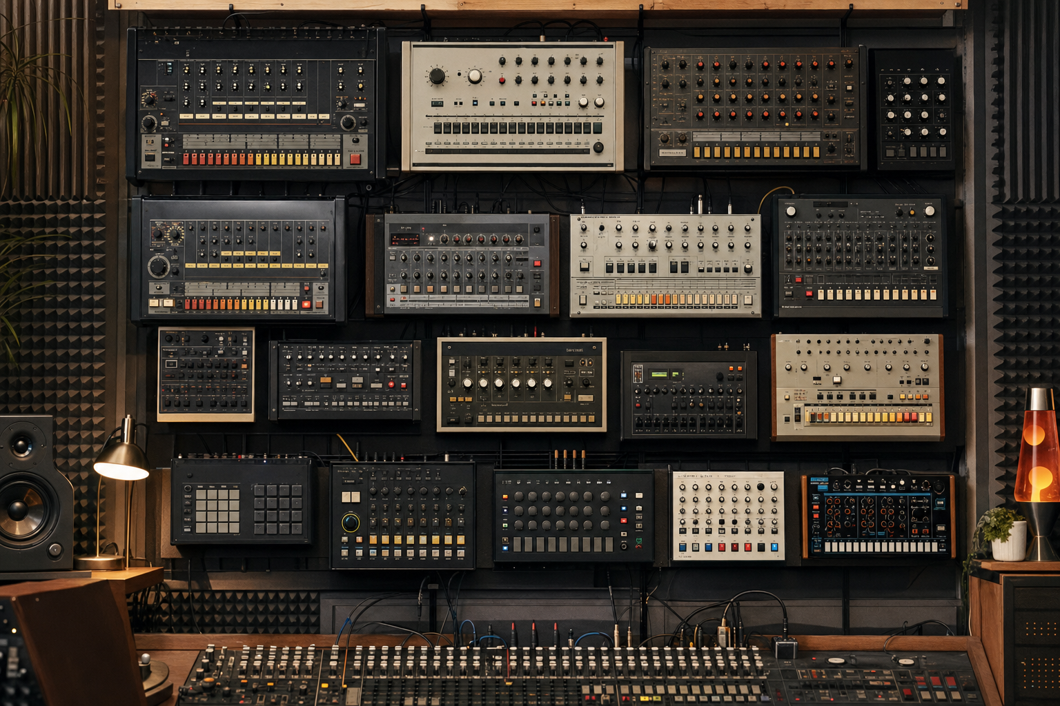 Parete con drum machine vintage e moderne nello studio Cadenza