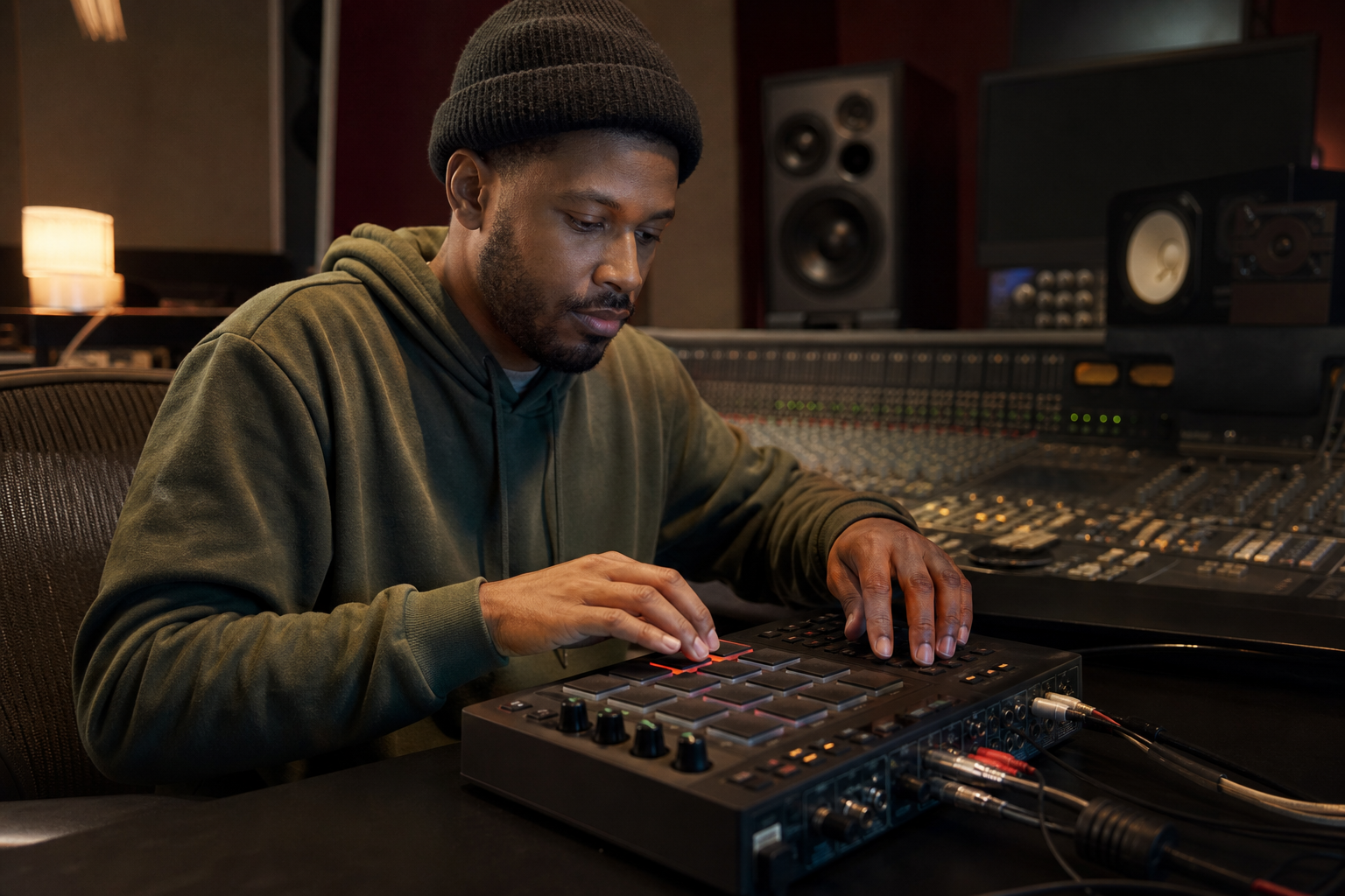 Produttore che programma un beat su una drum machine MPC in studio