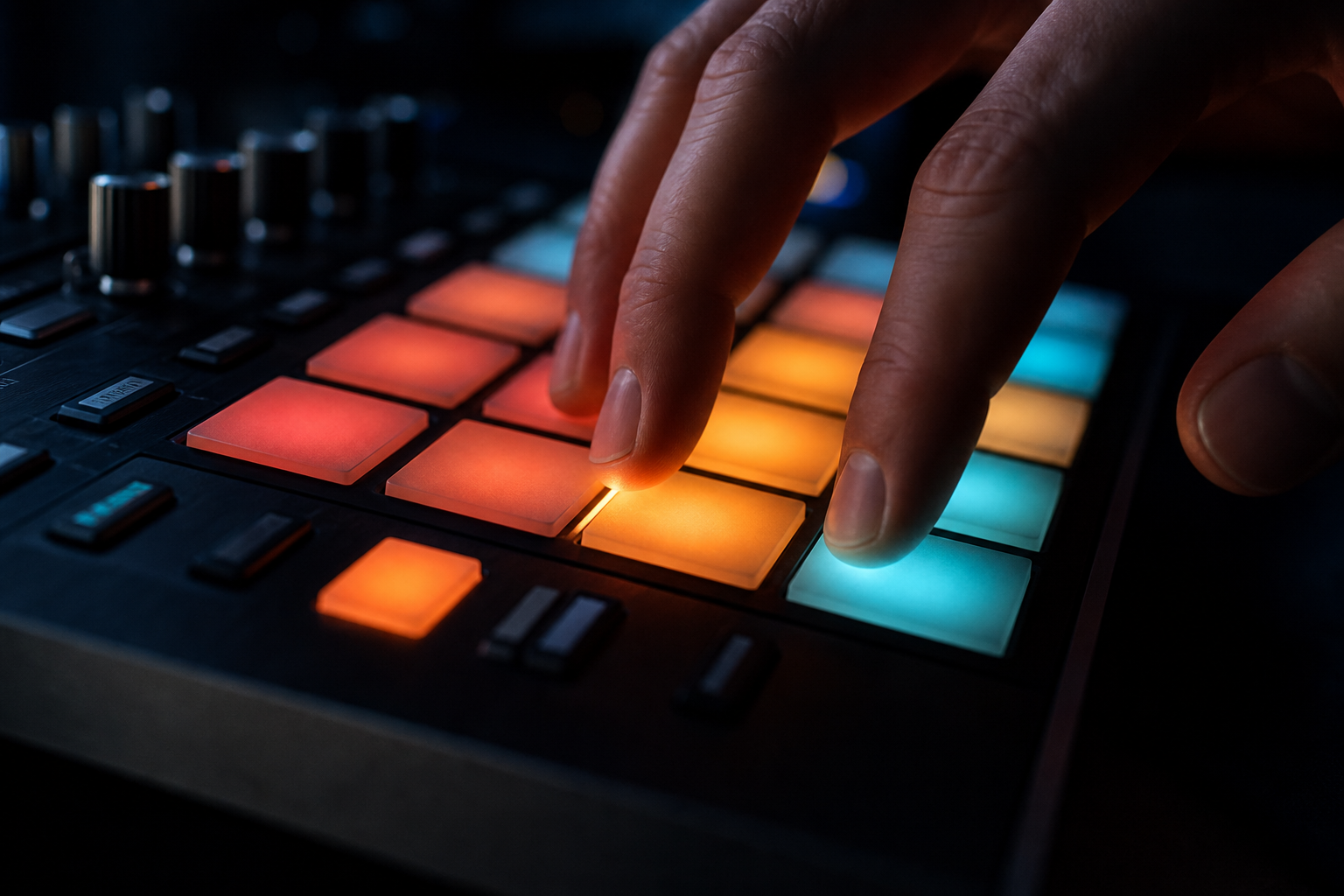 Primo piano di pad di una drum machine illuminati durante l'esecuzione
